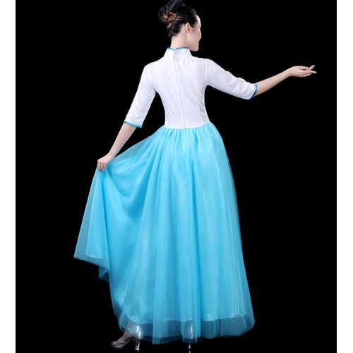 Women's blue gradient chinese folk dance costumes ancient traditional yangko umbrella dance fairy stage performance dresses